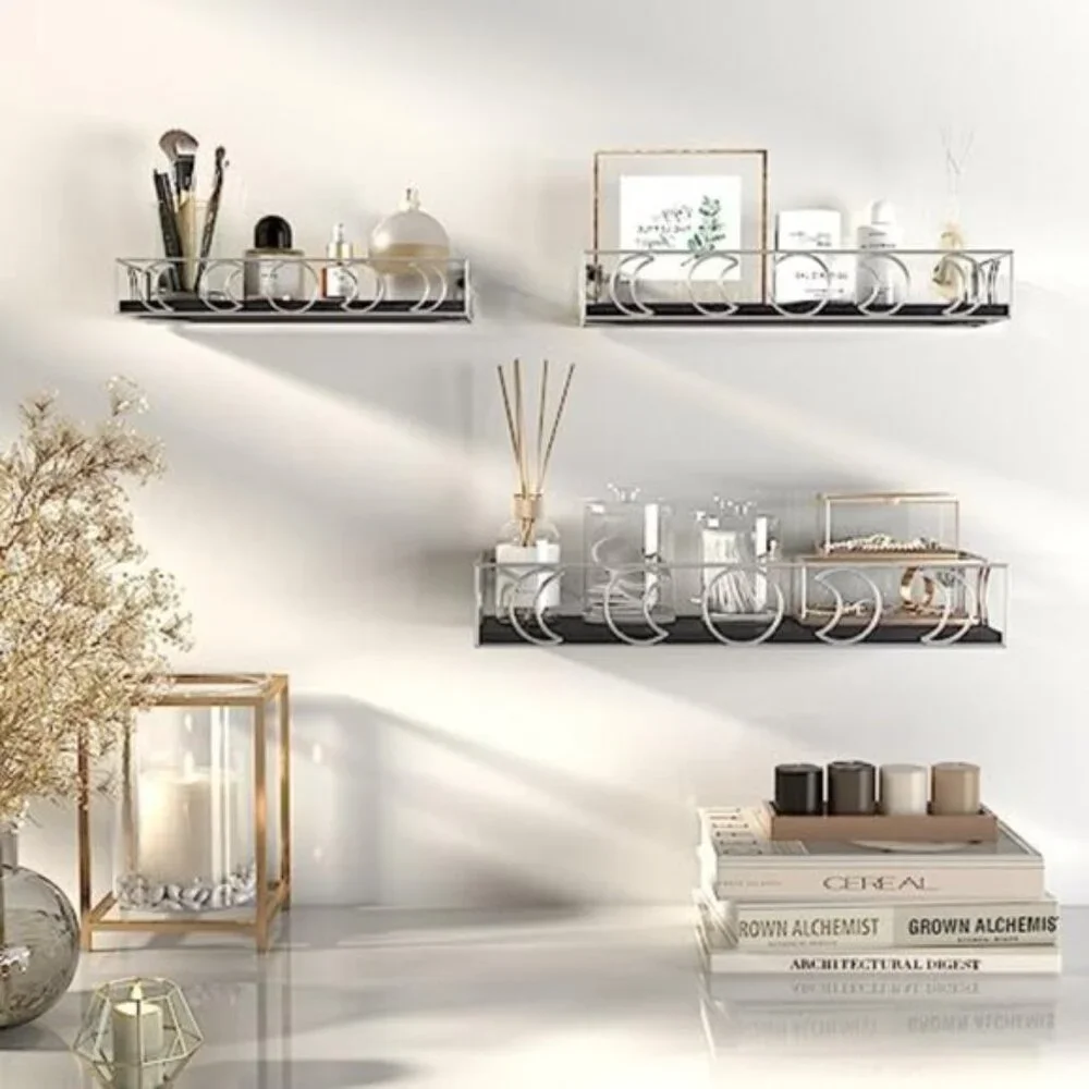 New Set of 3 Moon Phase Floating Shelves for Home Decor - Black, Silver